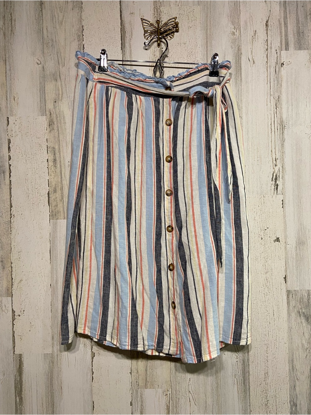A.n.a Cream Blue Linen Blend Tie Waist Midi Skirt 14
